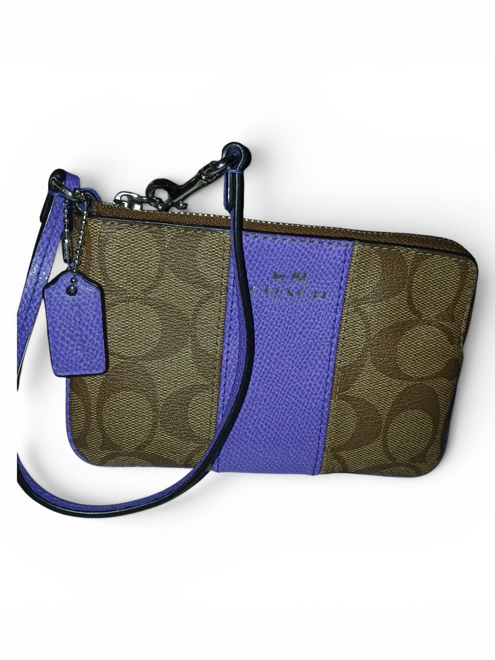 Coach Brown Signature Canvas Wristlet with Purple Center Stripe